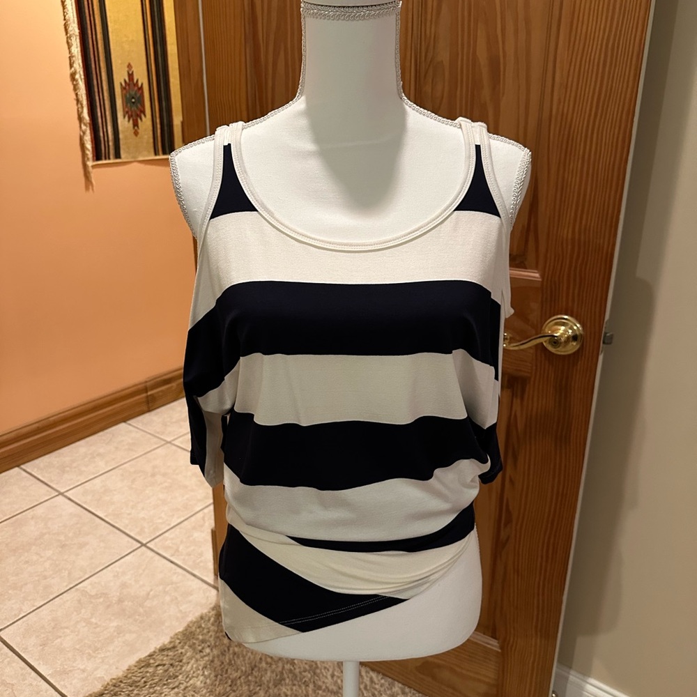 Striped Asymmetrical Shoulder Tee - White & Navy